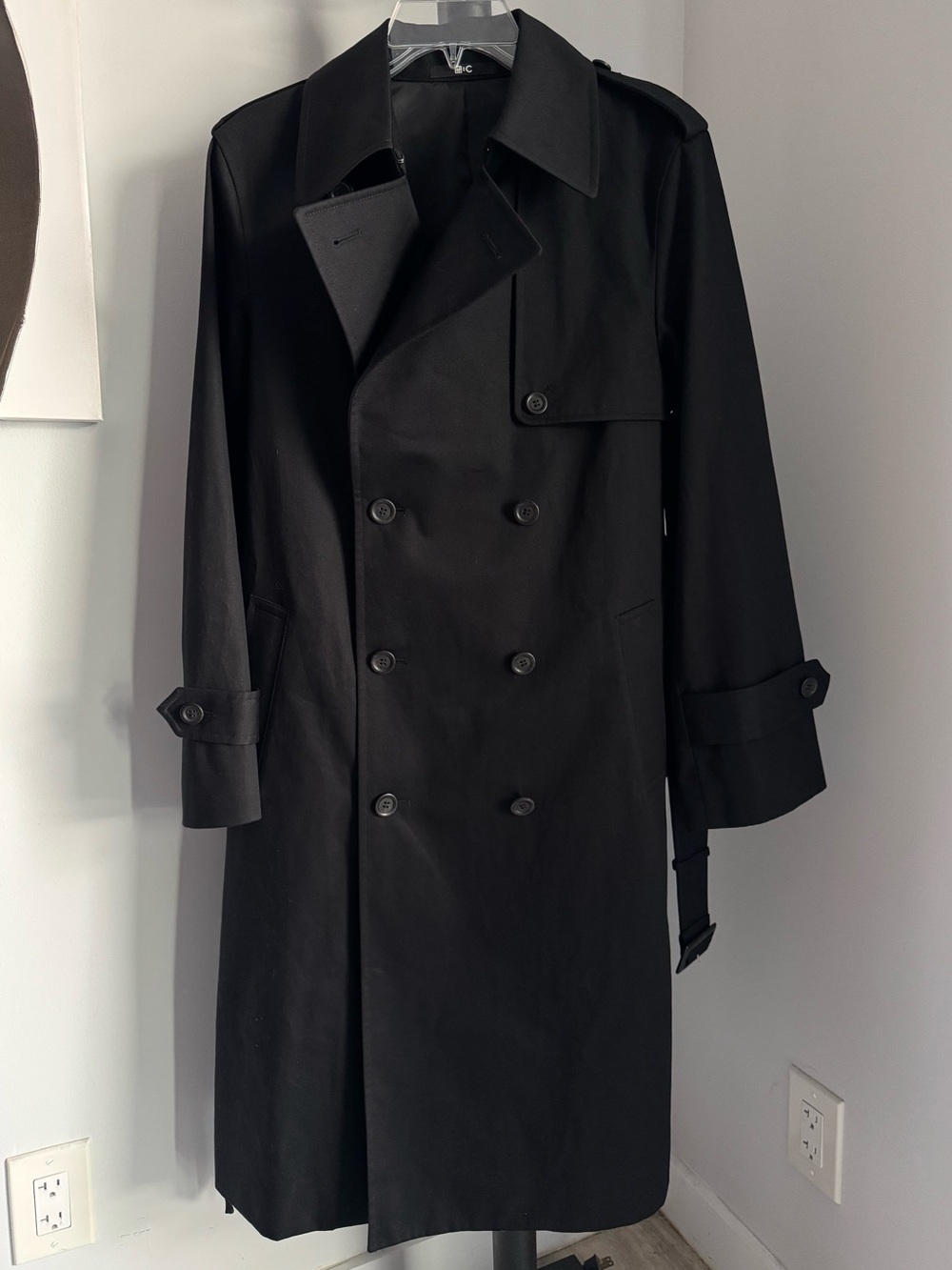 Uniqlo Black Cotton Double Breasted Structured Chic Long Trench Coat w Belt SM - Picture 3 of 13